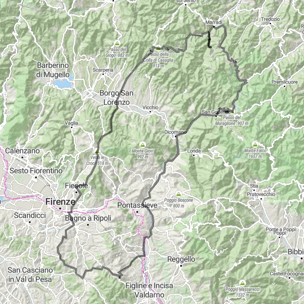 Zemljevid v pomanjšavi "Cestna kolesarska pot Passo della Colla di Casaglia" kolesarske inspiracije v Toscana, Italy. Generirano z načrtovalcem kolesarskih poti Tarmacs.app