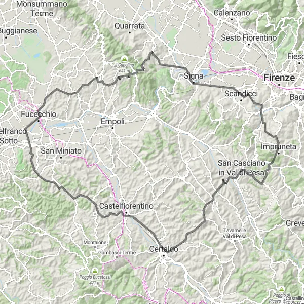 Kartminiatyr av "Panoramisk Landevei Rundtur" sykkelinspirasjon i Toscana, Italy. Generert av Tarmacs.app sykkelrutoplanlegger