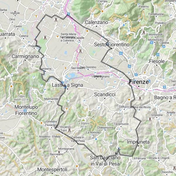 Kartminiatyr av "Toskanska Kullar Rundtur" cykelinspiration i Toscana, Italy. Genererad av Tarmacs.app cykelruttplanerare