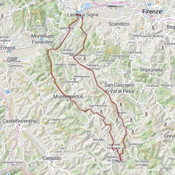 Karttaminiaatyyri "Haastava gravel-seikkailu Toscanan maalaismaisemissa" pyöräilyinspiraatiosta alueella Toscana, Italy. Luotu Tarmacs.app pyöräilyreittisuunnittelijalla