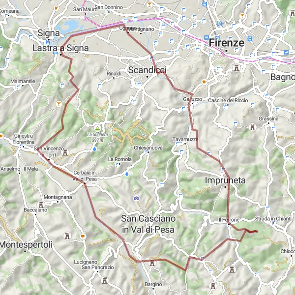 Mapa miniatúra "Gravel Route to San Martino a Gangalandi" cyklistická inšpirácia v Toscana, Italy. Vygenerované cyklistickým plánovačom trás Tarmacs.app
