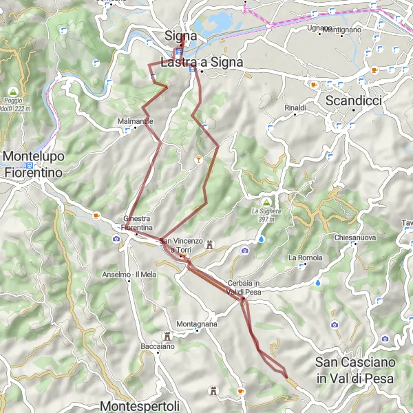 Miniatura della mappa di ispirazione al ciclismo "Giro in bici Gravel a Colle Malmantile" nella regione di Toscana, Italy. Generata da Tarmacs.app, pianificatore di rotte ciclistiche