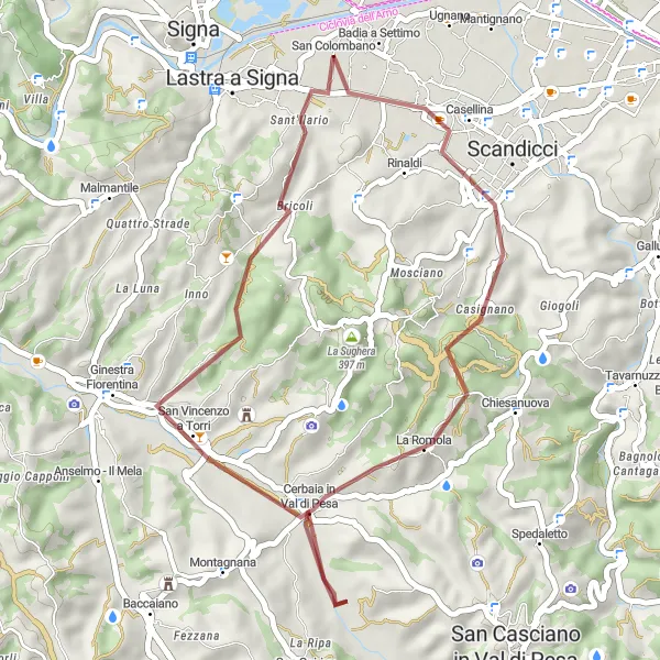 Karttaminiaatyyri "Broncigliano Gravel Loop" pyöräilyinspiraatiosta alueella Toscana, Italy. Luotu Tarmacs.app pyöräilyreittisuunnittelijalla