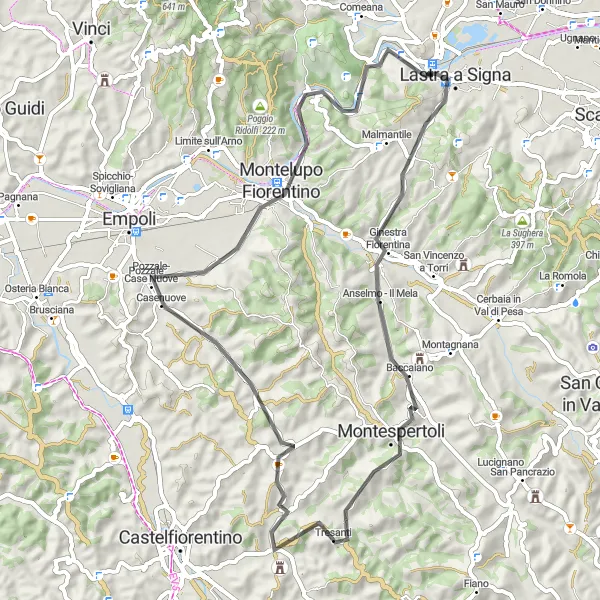 Miniatua del mapa de inspiración ciclista "Ruta escénica por Montespertoli y más" en Toscana, Italy. Generado por Tarmacs.app planificador de rutas ciclistas
