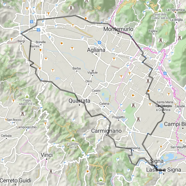 Map miniature of "Pistoia Prato Loop Road Route" cycling inspiration in Toscana, Italy. Generated by Tarmacs.app cycling route planner