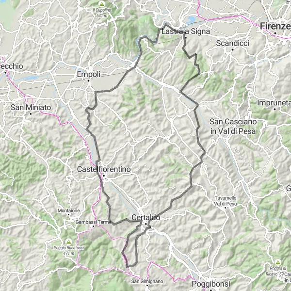 Miniatura della mappa di ispirazione al ciclismo "Tra colline e borghi medievali" nella regione di Toscana, Italy. Generata da Tarmacs.app, pianificatore di rotte ciclistiche