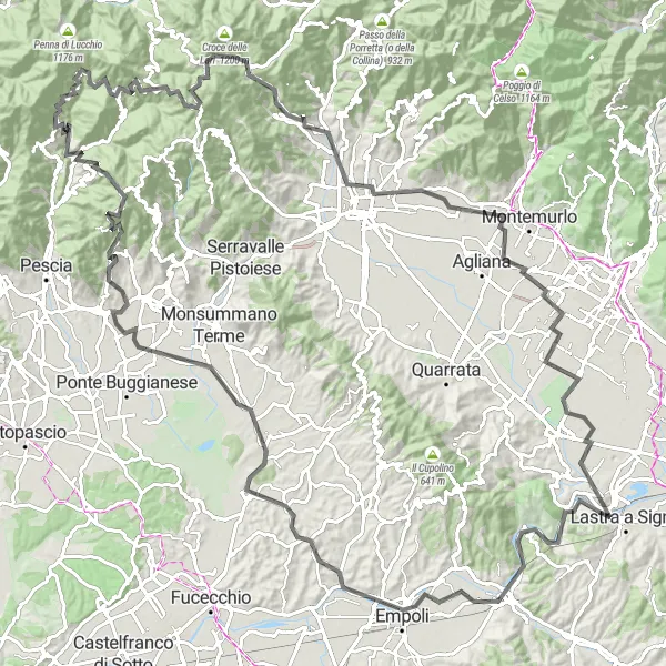 Miniatura della mappa di ispirazione al ciclismo "Il grande giro delle colline toscane" nella regione di Toscana, Italy. Generata da Tarmacs.app, pianificatore di rotte ciclistiche
