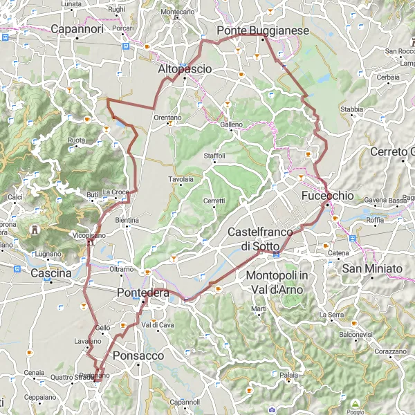 Karten-Miniaturansicht der Radinspiration "Entlang historischer Sehenswürdigkeiten von Vicopisano nach Perignano" in Toscana, Italy. Erstellt vom Tarmacs.app-Routenplaner für Radtouren