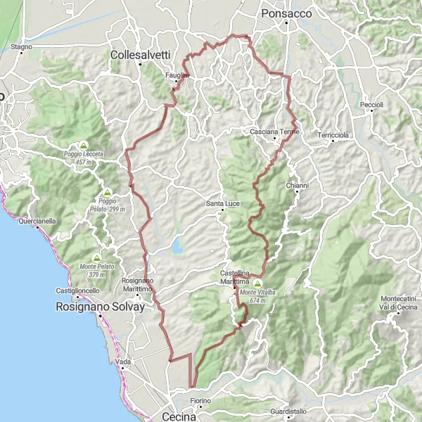 Miniature de la carte de l'inspiration cycliste "Itinéraire gravel vers Perignano" dans la Toscana, Italy. Générée par le planificateur d'itinéraire cycliste Tarmacs.app