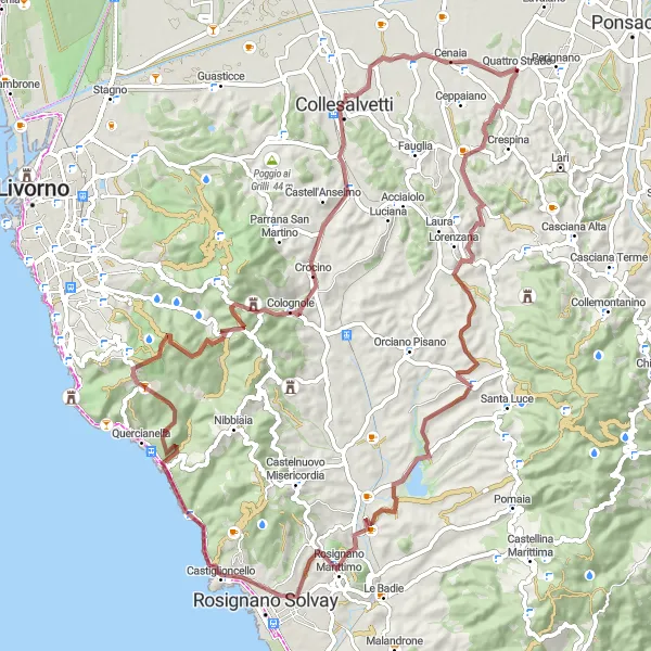 Miniatua del mapa de inspiración ciclista "Aventura en Valtriano y Perignano" en Toscana, Italy. Generado por Tarmacs.app planificador de rutas ciclistas