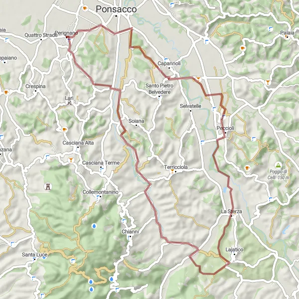Map miniature of "Leisure Gravel Adventure: Le Casine to Perignano" cycling inspiration in Toscana, Italy. Generated by Tarmacs.app cycling route planner