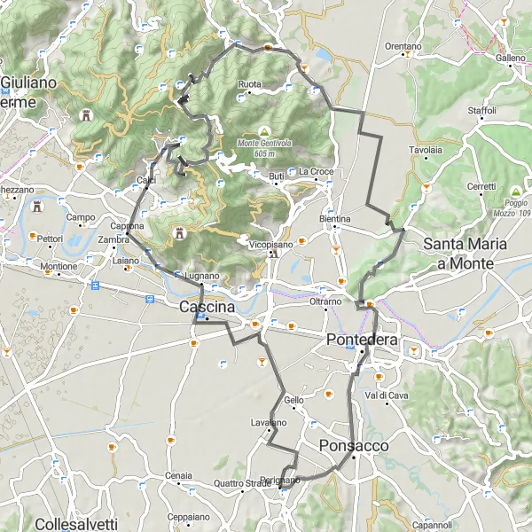 Miniatua del mapa de inspiración ciclista "Ruta de La Focetta a Perignano" en Toscana, Italy. Generado por Tarmacs.app planificador de rutas ciclistas