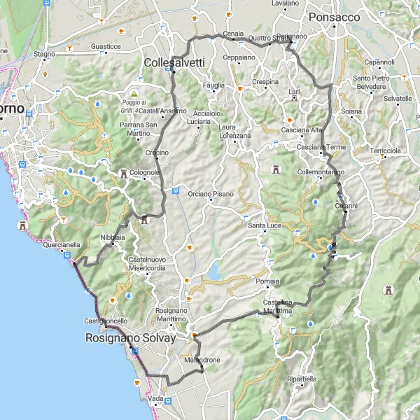 Map miniature of "The Serene Hills of Le Casine-Perignano-Spinelli" cycling inspiration in Toscana, Italy. Generated by Tarmacs.app cycling route planner