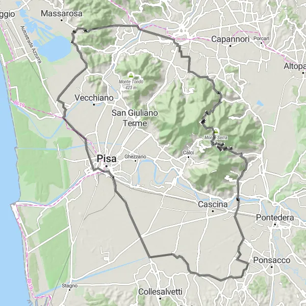 Map miniature of "Hilltop Charm: Le Casine to Perignano" cycling inspiration in Toscana, Italy. Generated by Tarmacs.app cycling route planner