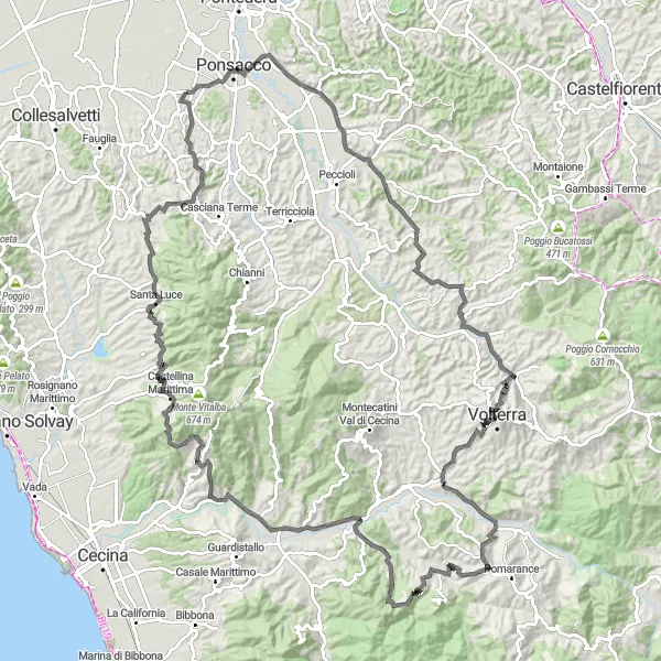Zemljevid v pomanjšavi "Potovanje po cesti preko Poggio di Celli" kolesarske inspiracije v Toscana, Italy. Generirano z načrtovalcem kolesarskih poti Tarmacs.app