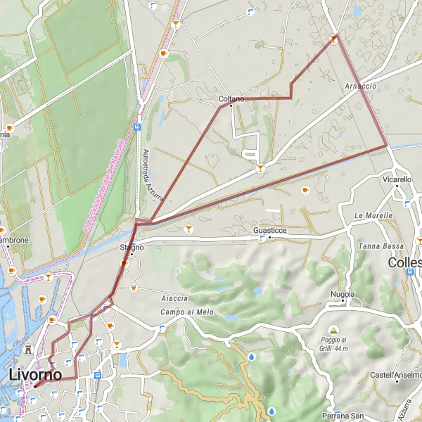 Miniatua del mapa de inspiración ciclista "Ruta de Grava a Coltano y Arnaccio" en Toscana, Italy. Generado por Tarmacs.app planificador de rutas ciclistas