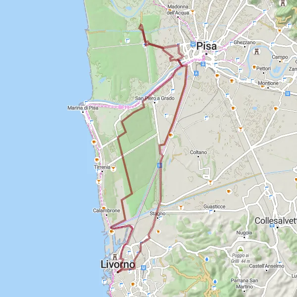 Zemljevid v pomanjšavi "Odkrivanje zgodovinskih zakladov ob obali Toskane" kolesarske inspiracije v Toscana, Italy. Generirano z načrtovalcem kolesarskih poti Tarmacs.app