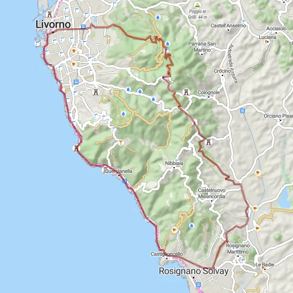 Mapa miniatúra "Pestrý gravel okruh okolo Livorna" cyklistická inšpirácia v Toscana, Italy. Vygenerované cyklistickým plánovačom trás Tarmacs.app