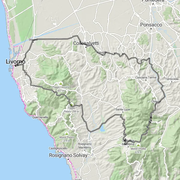 Miniatua del mapa de inspiración ciclista "Ruta a través de Chianni y Gabbro" en Toscana, Italy. Generado por Tarmacs.app planificador de rutas ciclistas