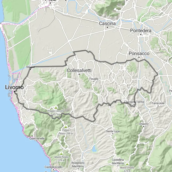 Mapa miniatúra "Road přes Orciano Pisano" cyklistická inšpirácia v Toscana, Italy. Vygenerované cyklistickým plánovačom trás Tarmacs.app