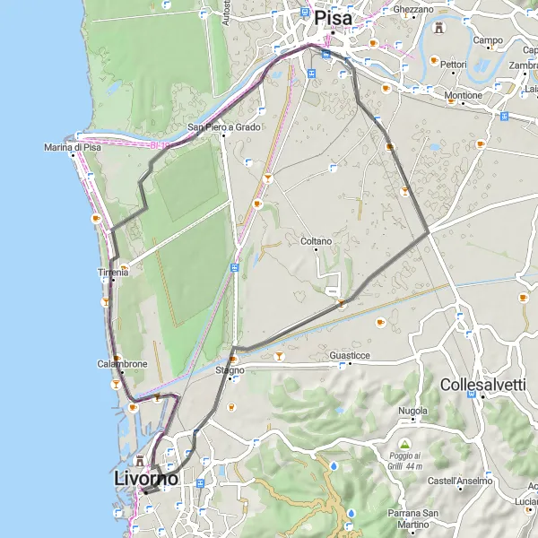 Miniatura della mappa di ispirazione al ciclismo "Avventura in bici da Livorno a Bagno Penale" nella regione di Toscana, Italy. Generata da Tarmacs.app, pianificatore di rotte ciclistiche