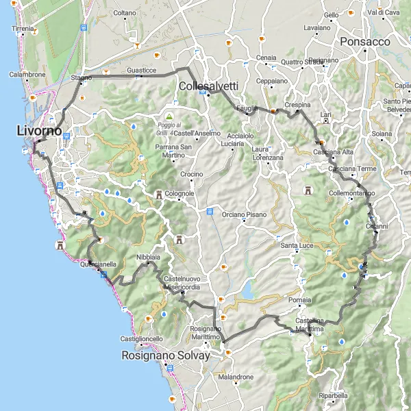 Karttaminiaatyyri "Road Cycling Journey through Chianni to Monumento dei Quattro Mori" pyöräilyinspiraatiosta alueella Toscana, Italy. Luotu Tarmacs.app pyöräilyreittisuunnittelijalla