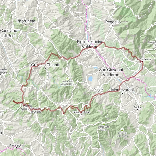 Miniatua del mapa de inspiración ciclista "Explorando los viñedos del Chianti" en Toscana, Italy. Generado por Tarmacs.app planificador de rutas ciclistas