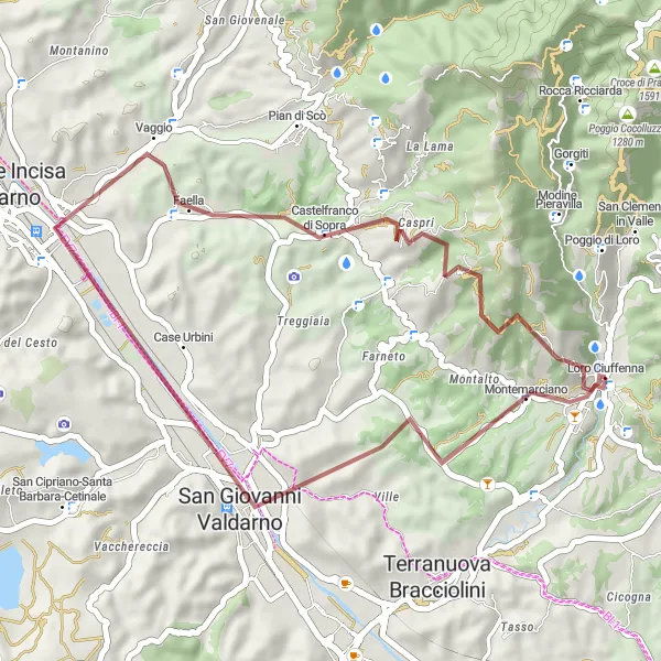 Miniatua del mapa de inspiración ciclista "Aventura a través de caminos de grava" en Toscana, Italy. Generado por Tarmacs.app planificador de rutas ciclistas