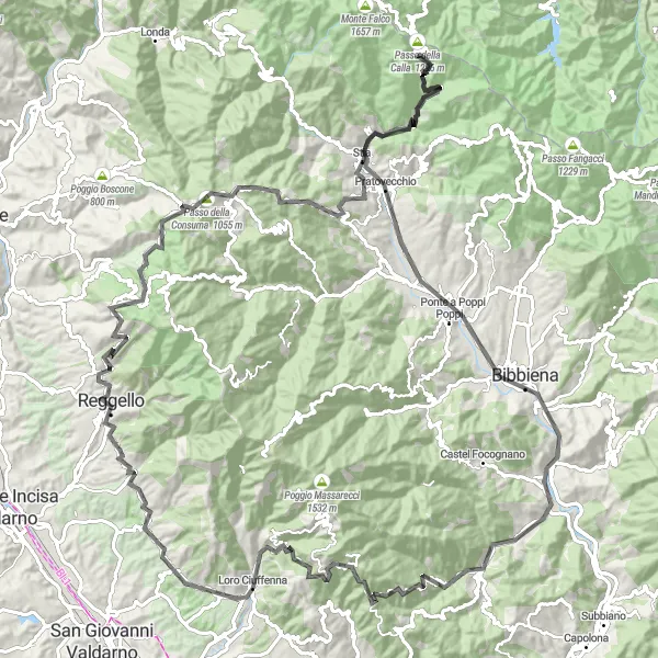 Karttaminiaatyyri "Vuoristomaisemat ja kulttuurielämykset" pyöräilyinspiraatiosta alueella Toscana, Italy. Luotu Tarmacs.app pyöräilyreittisuunnittelijalla