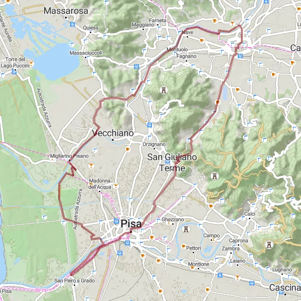 Mapa miniatúra "Gravel Lucca - Pisa Loop" cyklistická inšpirácia v Toscana, Italy. Vygenerované cyklistickým plánovačom trás Tarmacs.app