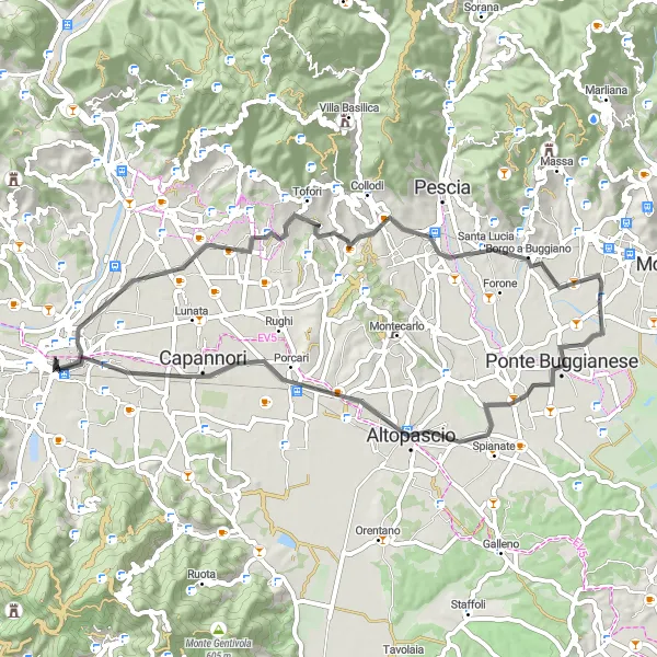 Miniatua del mapa de inspiración ciclista "Ruta de ciclismo de ida y vuelta desde Lucca" en Toscana, Italy. Generado por Tarmacs.app planificador de rutas ciclistas