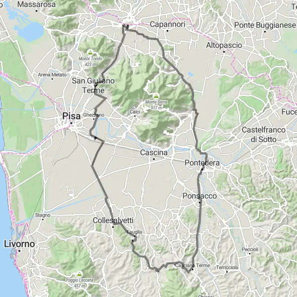 Miniatua del mapa de inspiración ciclista "Ruta a Fauglia y Arnaccio" en Toscana, Italy. Generado por Tarmacs.app planificador de rutas ciclistas