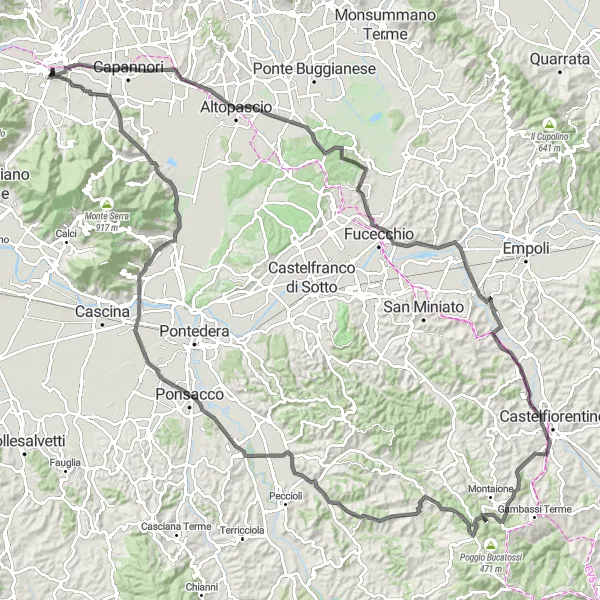 Mapa miniatúra "Cyklotúra do Capannoli" cyklistická inšpirácia v Toscana, Italy. Vygenerované cyklistickým plánovačom trás Tarmacs.app