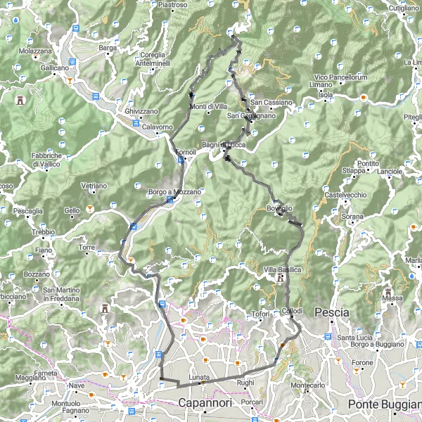 Miniature de la carte de l'inspiration cycliste "Défi des Montagnes autour de Lucca" dans la Toscana, Italy. Générée par le planificateur d'itinéraire cycliste Tarmacs.app