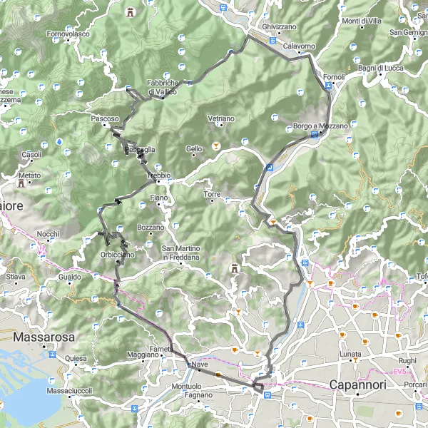 Kartminiatyr av "Cykla runt Lucca" cykelinspiration i Toscana, Italy. Genererad av Tarmacs.app cykelruttplanerare