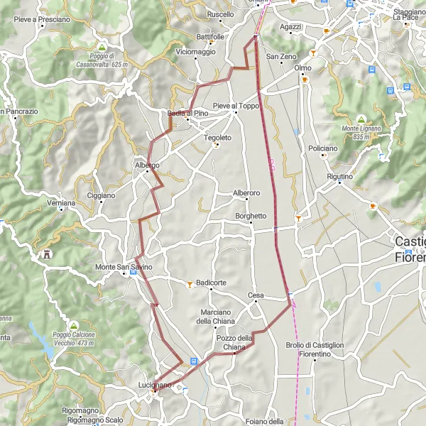 Miniatura della mappa di ispirazione al ciclismo "Ciclo Gravel intorno a Lucignano" nella regione di Toscana, Italy. Generata da Tarmacs.app, pianificatore di rotte ciclistiche