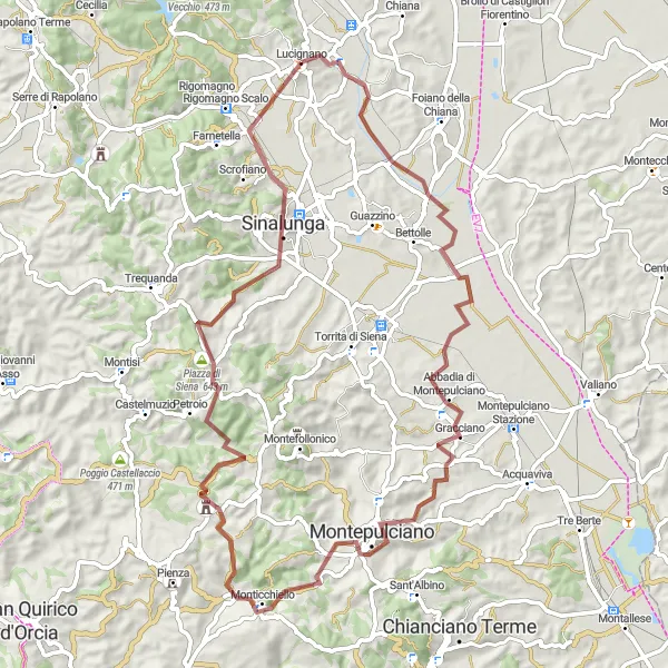 Miniatua del mapa de inspiración ciclista "Ruta en Grava por Montepulciano y Sinalunga" en Toscana, Italy. Generado por Tarmacs.app planificador de rutas ciclistas