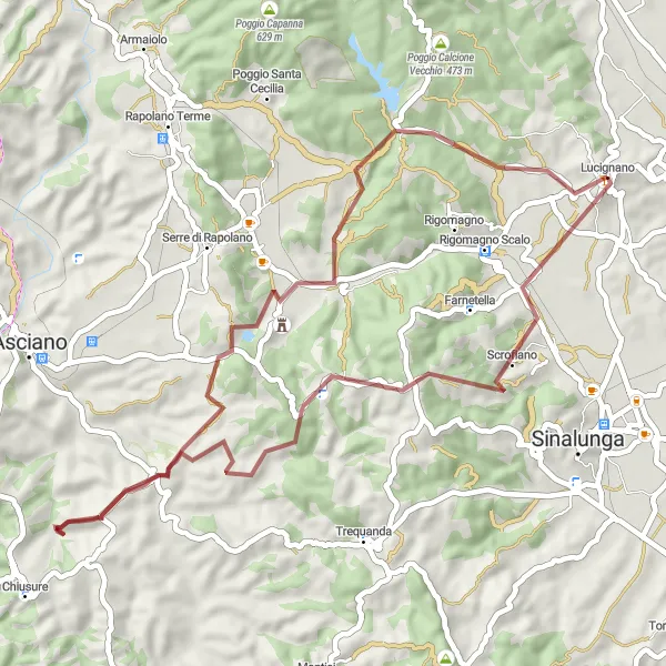 Miniatura della mappa di ispirazione al ciclismo "Tour in Gravel da Lucignano a Fortezza medicea" nella regione di Toscana, Italy. Generata da Tarmacs.app, pianificatore di rotte ciclistiche