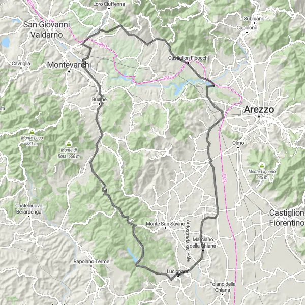 Map miniature of "Road to Castiglion Fibocchi and Terranuova Bracciolini" cycling inspiration in Toscana, Italy. Generated by Tarmacs.app cycling route planner