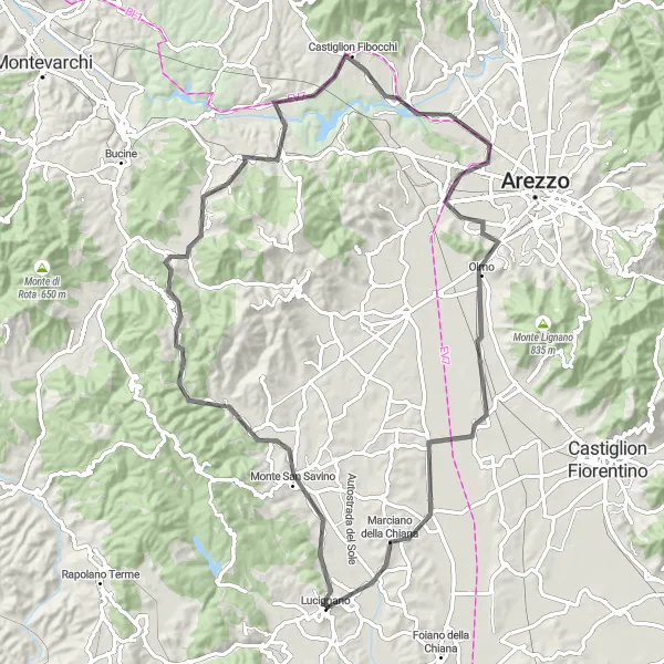 Miniatura della mappa di ispirazione al ciclismo "Giro In Bici da Lucignano a Monte San Savino" nella regione di Toscana, Italy. Generata da Tarmacs.app, pianificatore di rotte ciclistiche