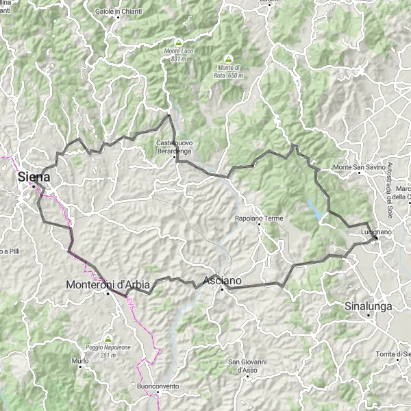 Miniature de la carte de l'inspiration cycliste "Parcours panoramique vers Castelnuovo Berardenga" dans la Toscana, Italy. Générée par le planificateur d'itinéraire cycliste Tarmacs.app