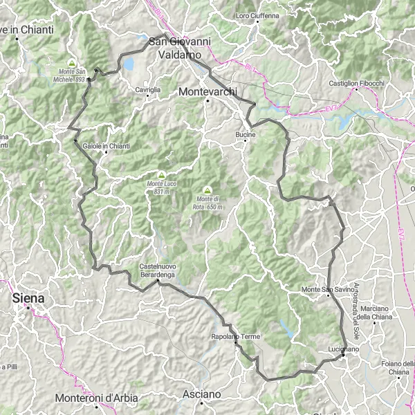 Map miniature of "Lucignano to San Giovanni Valdarno" cycling inspiration in Toscana, Italy. Generated by Tarmacs.app cycling route planner
