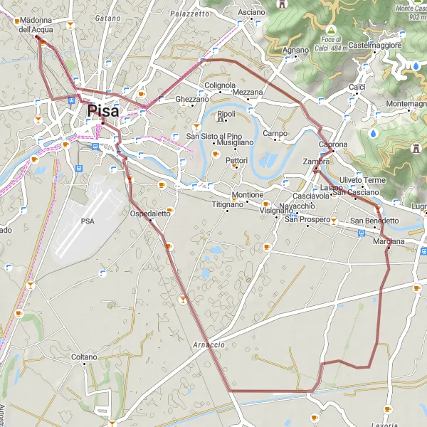 Zemljevid v pomanjšavi "Gorska dogodivščina okoli Madonne dell'Acqua" kolesarske inspiracije v Toscana, Italy. Generirano z načrtovalcem kolesarskih poti Tarmacs.app