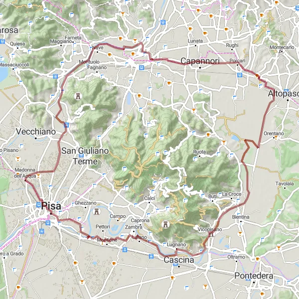 Map miniature of "The Gravel Expedition to Badia Pozzeveri" cycling inspiration in Toscana, Italy. Generated by Tarmacs.app cycling route planner