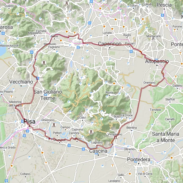 Map miniature of "Ripafratta and Piazza dei Cavalieri Gravel Route" cycling inspiration in Toscana, Italy. Generated by Tarmacs.app cycling route planner