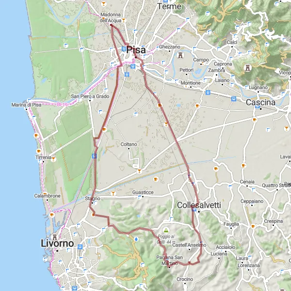 Mapa miniatúra "Gravelový okruh od Madonna dell'Acqua" cyklistická inšpirácia v Toscana, Italy. Vygenerované cyklistickým plánovačom trás Tarmacs.app