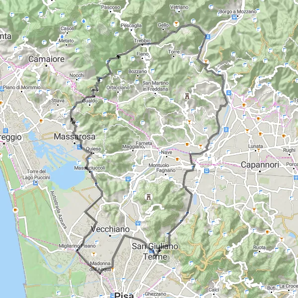 Map miniature of "Nodica and Monte Cocco Road Route" cycling inspiration in Toscana, Italy. Generated by Tarmacs.app cycling route planner