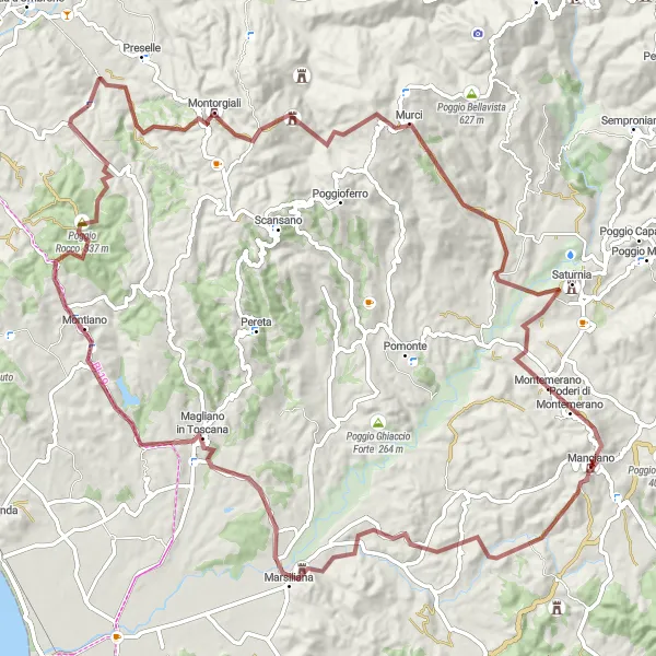 Miniatuurkaart van de fietsinspiratie "Gravel Rond-trip van Manciano" in Toscana, Italy. Gemaakt door de Tarmacs.app fietsrouteplanner