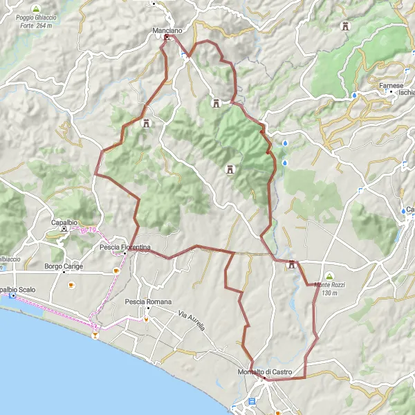 Miniatua del mapa de inspiración ciclista "Ruta de Grava a Vulci y Monte Marciano" en Toscana, Italy. Generado por Tarmacs.app planificador de rutas ciclistas