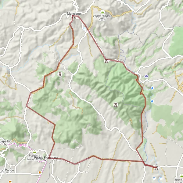 Karttaminiaatyyri "Monte Calvon maastoajo Mancianosta" pyöräilyinspiraatiosta alueella Toscana, Italy. Luotu Tarmacs.app pyöräilyreittisuunnittelijalla